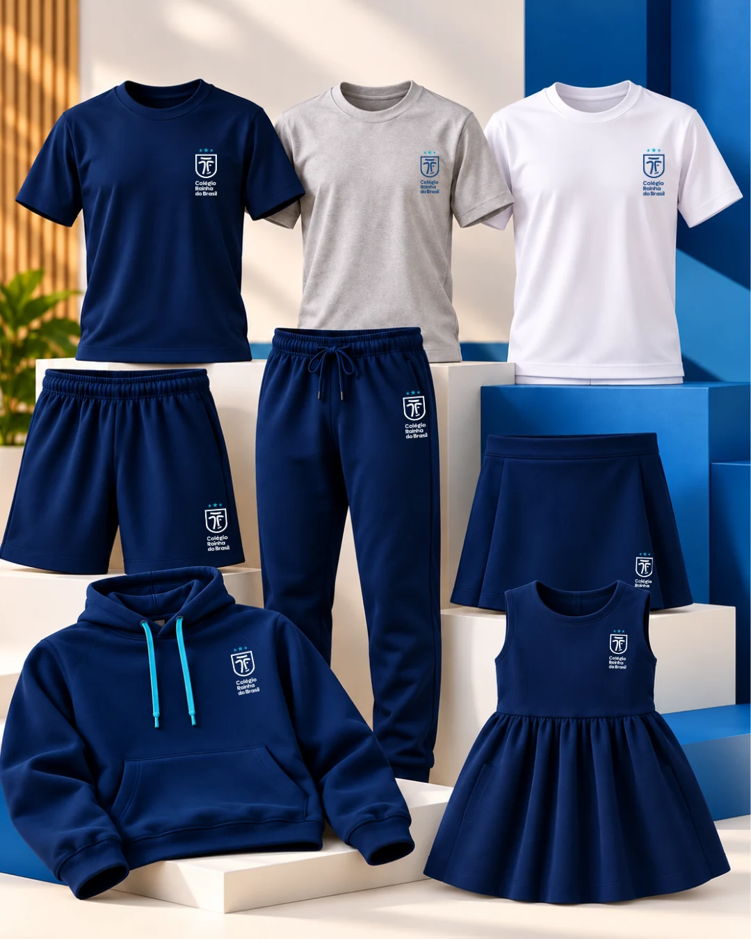 Modelos de camisetas, shorts, calça, moletom e vestido do uniforme do Rainha do Brasil